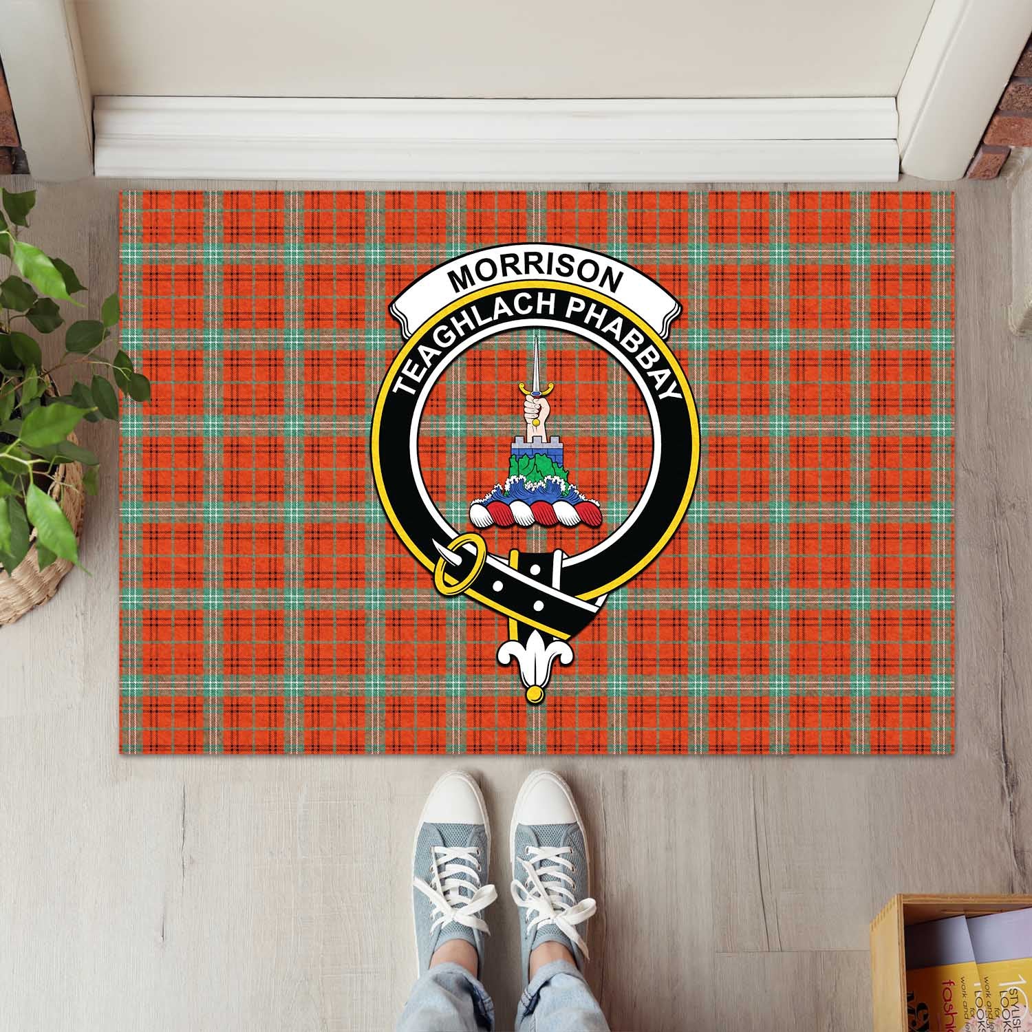 Morrison Red Ancient Tartan Door Mat with Family Crest - Tartanvibesclothing