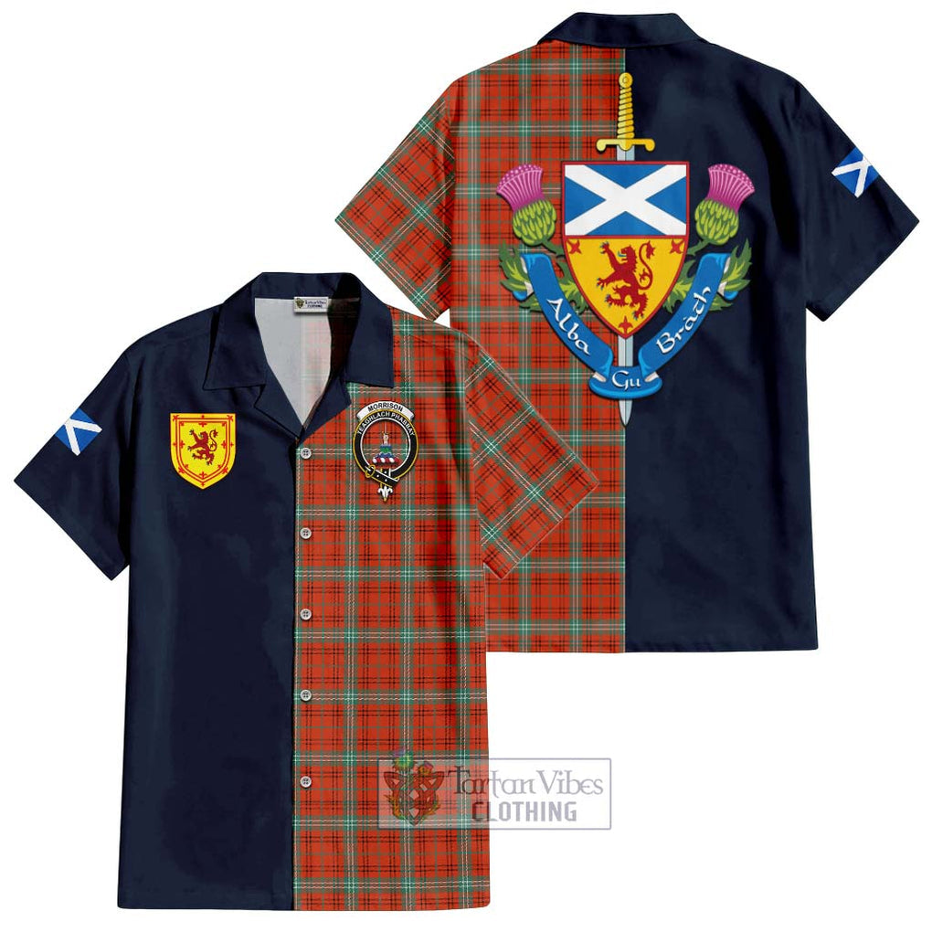 Tartan Vibes Clothing Morrison Red Ancient Tartan Short Sleeve Button Shirt with Scottish Lion Royal Arm Half Style