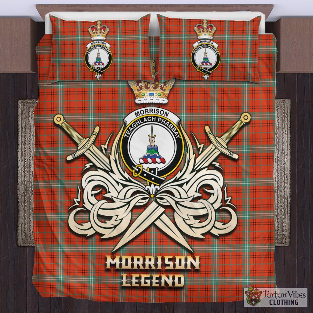 Tartan Vibes Clothing Morrison Red Ancient Tartan Bedding Set with Clan Crest and the Golden Sword of Courageous Legacy