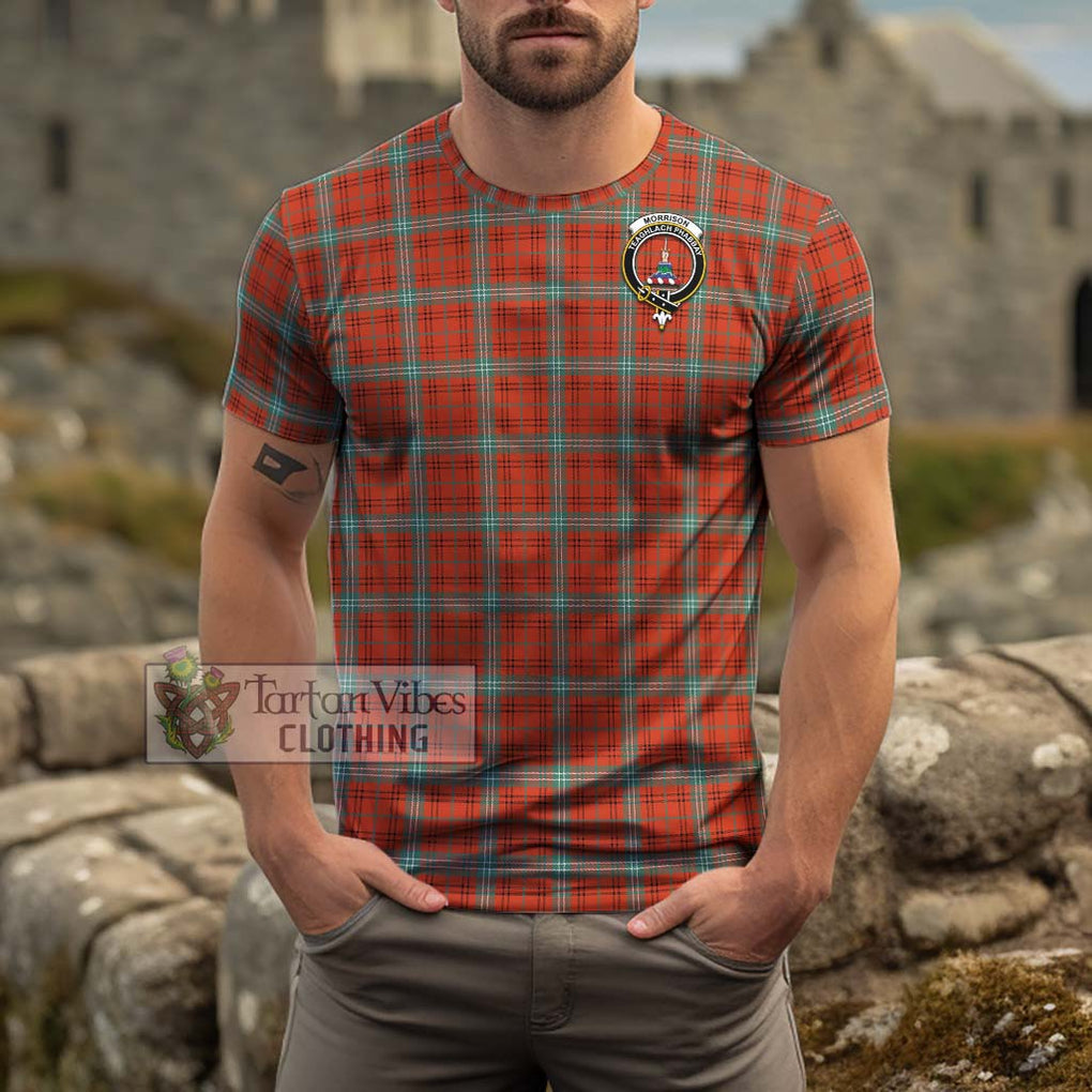 Morrison Red Ancient Tartan Cotton T-Shirt with Family Crest Men's Shirt - Tartanvibesclothing Shop