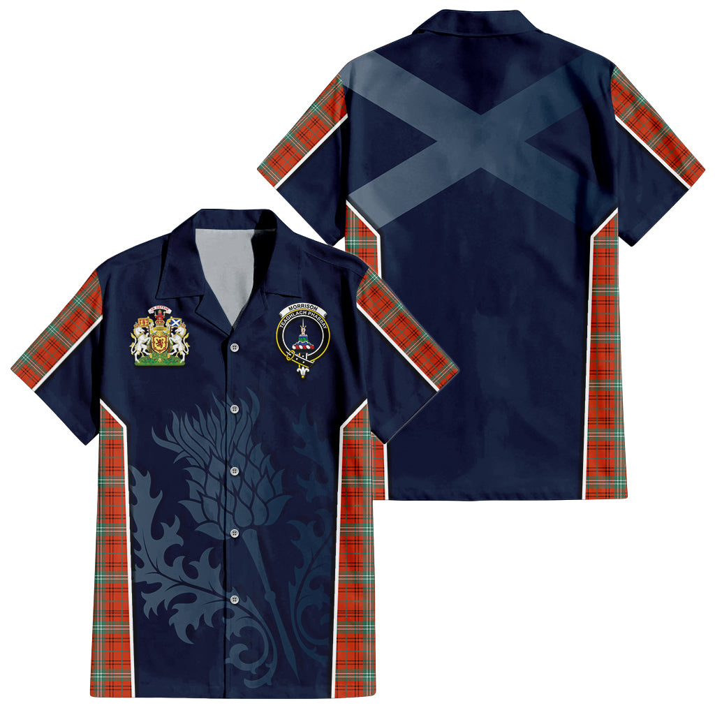 Tartan Vibes Clothing Morrison Red Ancient Tartan Short Sleeve Button Up Shirt with Family Crest and Scottish Thistle Vibes Sport Style