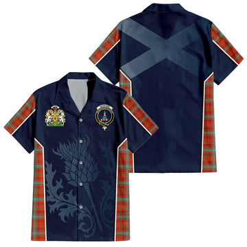 Morrison Red Ancient Tartan Short Sleeve Button Up Shirt with Family Crest and Scottish Thistle Vibes Sport Style