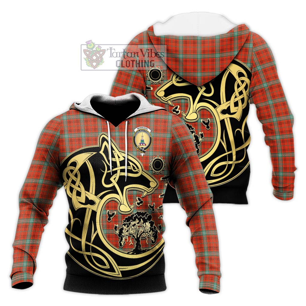 Morrison Red Ancient Tartan Knitted Hoodie with Family Crest Celtic Wolf Style Unisex Knitted Pullover Hoodie - Tartan Vibes Clothing