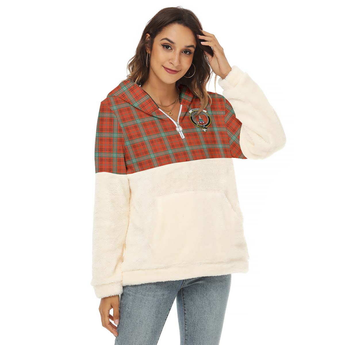 Morrison Red Ancient Tartan Women's Borg Fleece Hoodie With Half Zip with Family Crest Female - Tartan Vibes Clothing