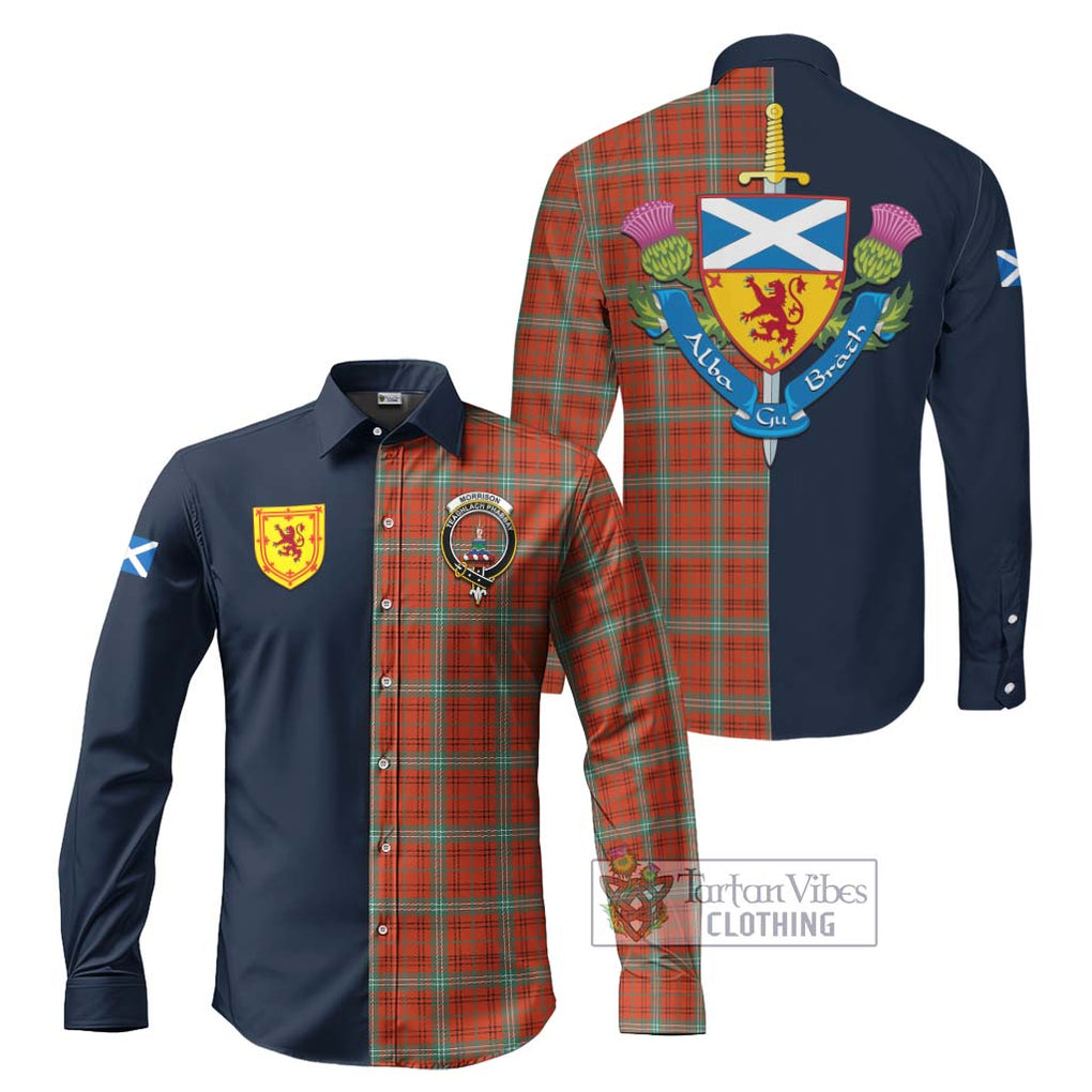 Tartan Vibes Clothing Morrison Red Ancient Tartan Long Sleeve Button Shirt with Scottish Lion Royal Arm Half Style