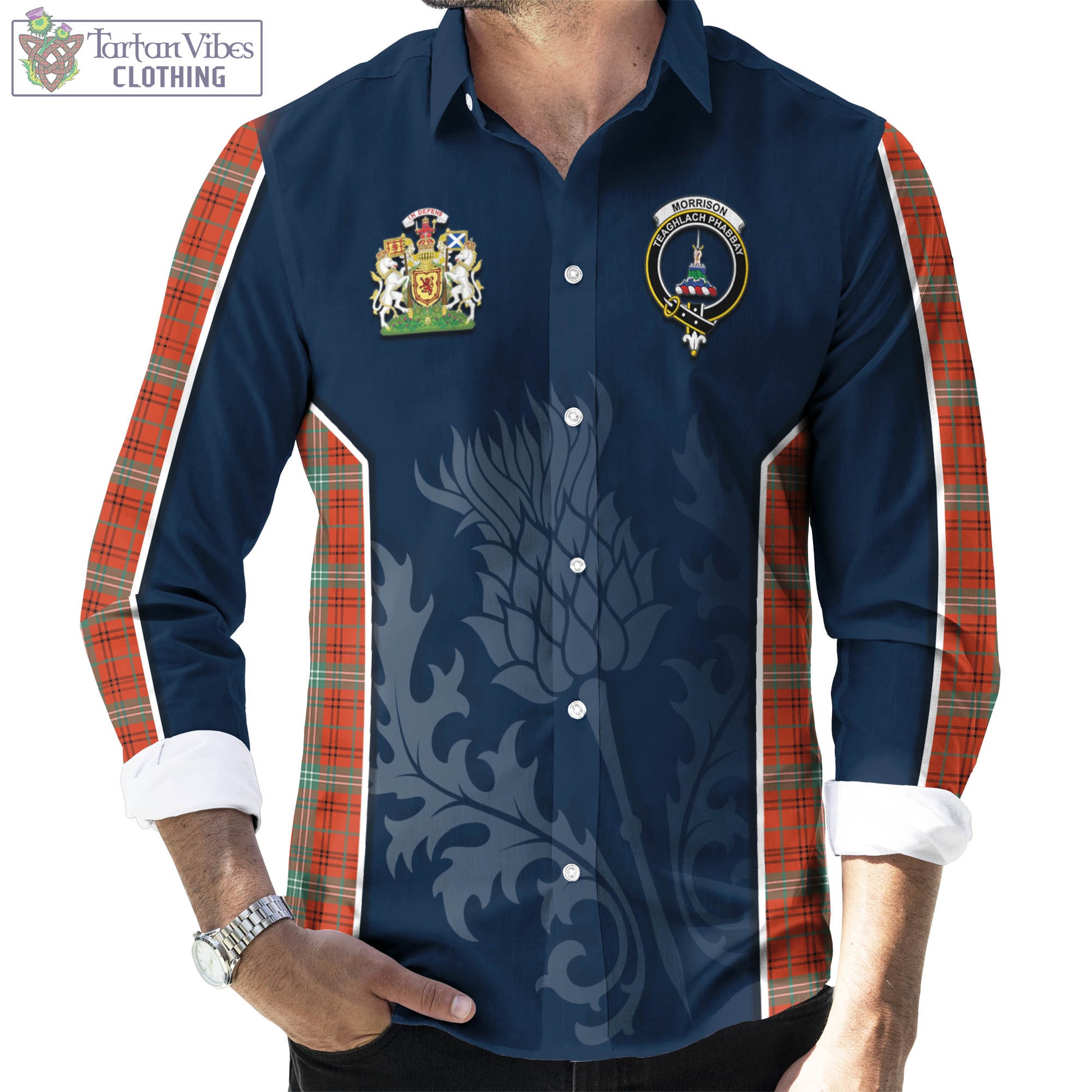 Tartan Vibes Clothing Morrison Red Ancient Tartan Long Sleeve Button Up Shirt with Family Crest and Scottish Thistle Vibes Sport Style