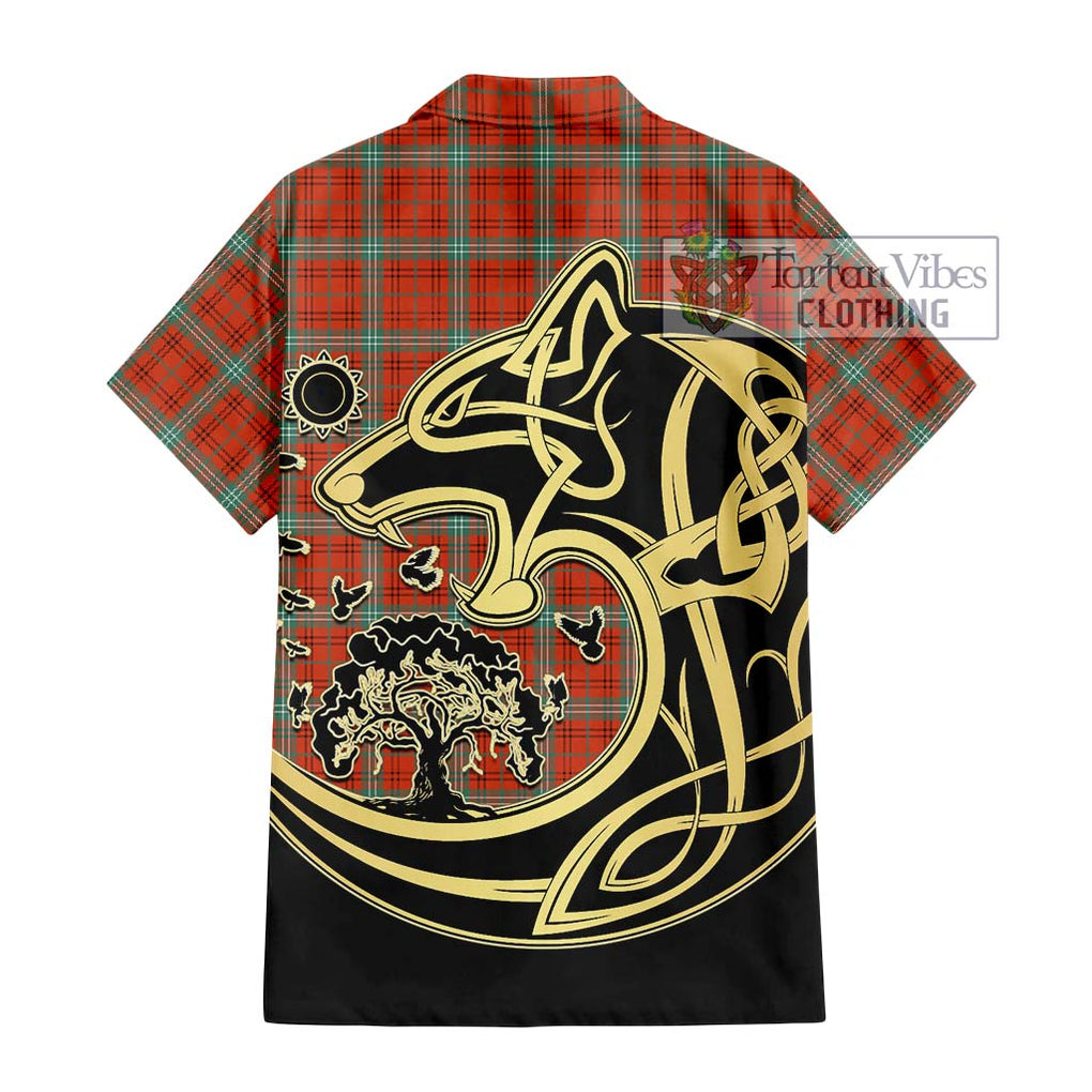 Morrison Red Ancient Tartan Short Sleeve Button Shirt with Family Crest Celtic Wolf Style - Tartan Vibes Clothing