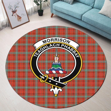 Morrison Red Ancient Tartan Round Rug with Family Crest