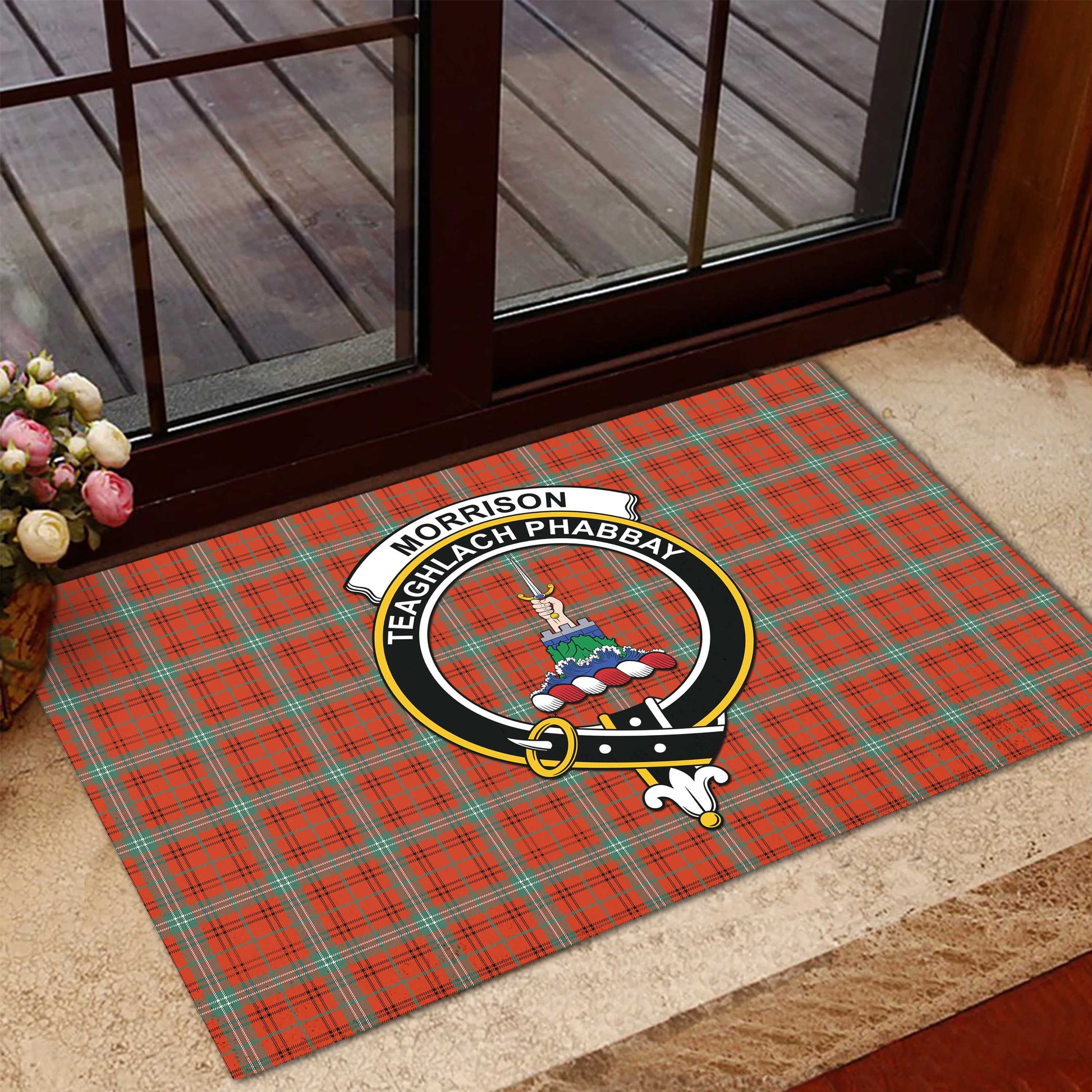 Morrison Red Ancient Tartan Door Mat with Family Crest - Tartanvibesclothing