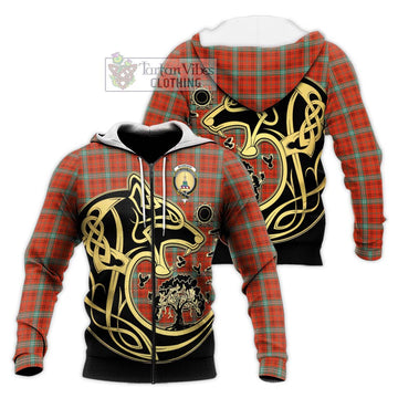 Morrison Red Ancient Tartan Knitted Hoodie with Family Crest Celtic Wolf Style