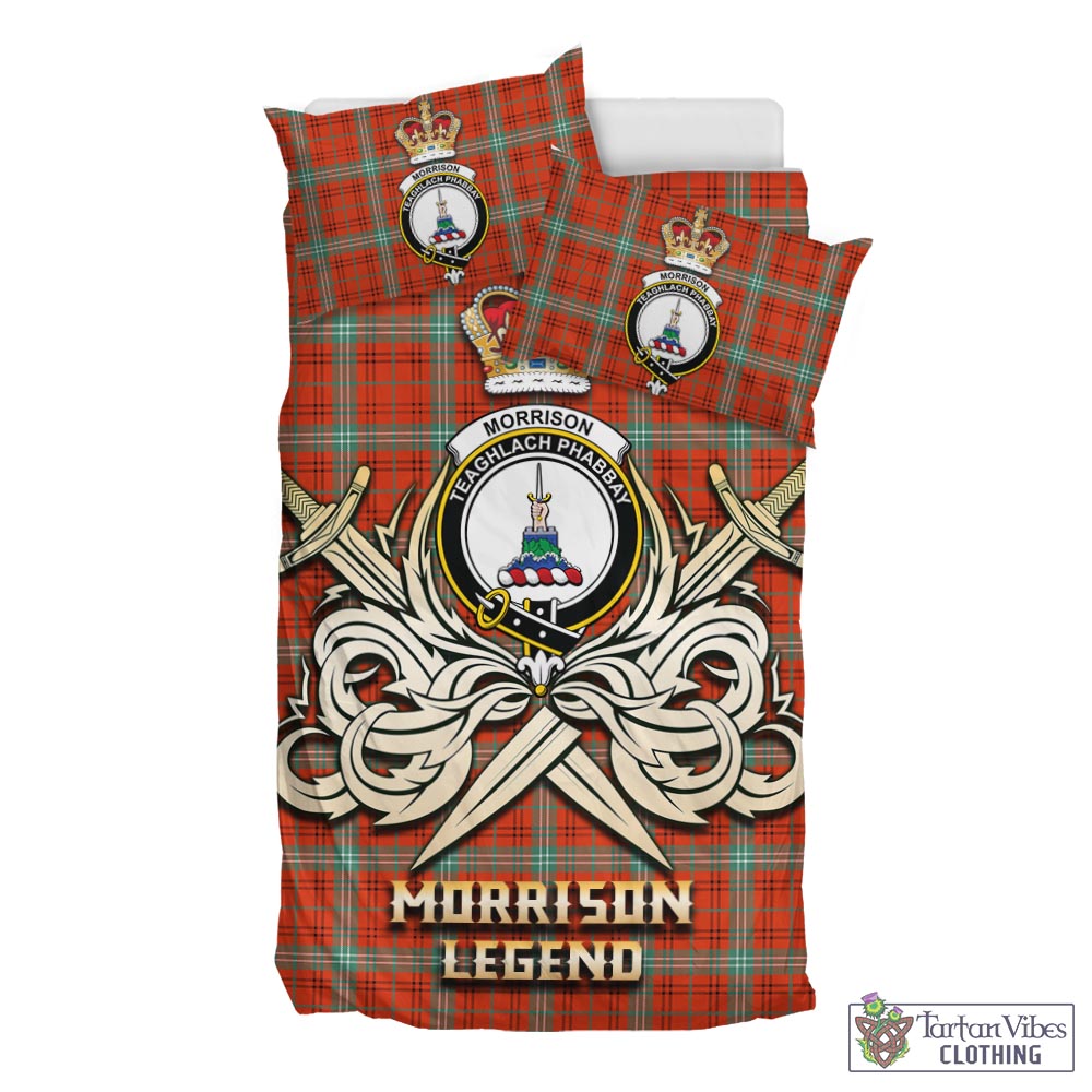 Tartan Vibes Clothing Morrison Red Ancient Tartan Bedding Set with Clan Crest and the Golden Sword of Courageous Legacy