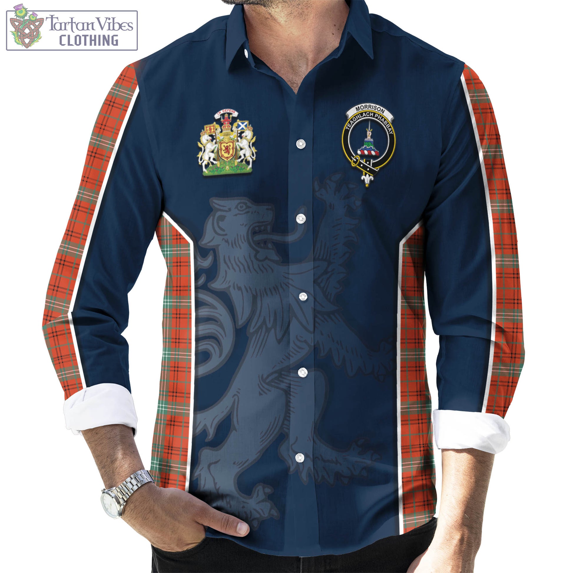 Tartan Vibes Clothing Morrison Red Ancient Tartan Long Sleeve Button Up Shirt with Family Crest and Lion Rampant Vibes Sport Style