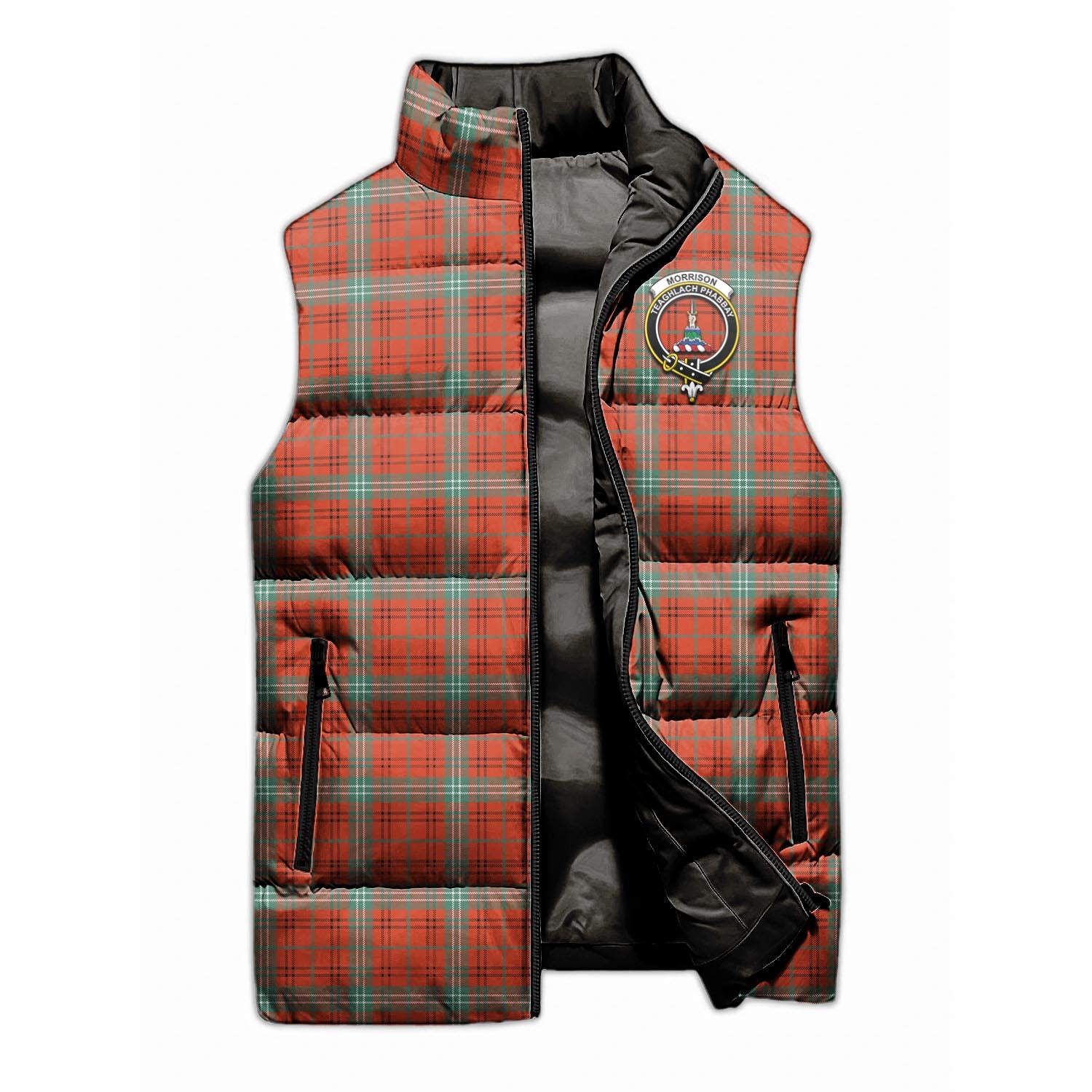 Morrison Red Ancient Tartan Sleeveless Puffer Jacket with Family Crest - Tartanvibesclothing