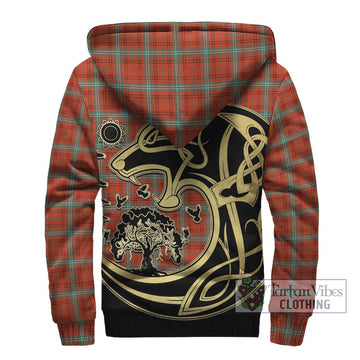 Morrison Red Ancient Tartan Sherpa Hoodie with Family Crest Celtic Wolf Style