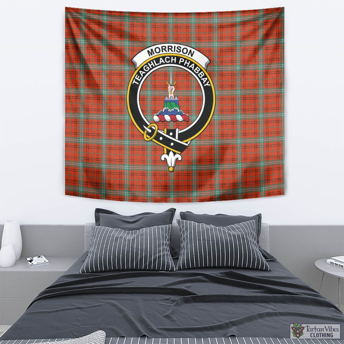 Tartan Vibes Clothing Morrison Red Ancient Tartan Tapestry Wall Hanging and Home Decor for Room with Family Crest