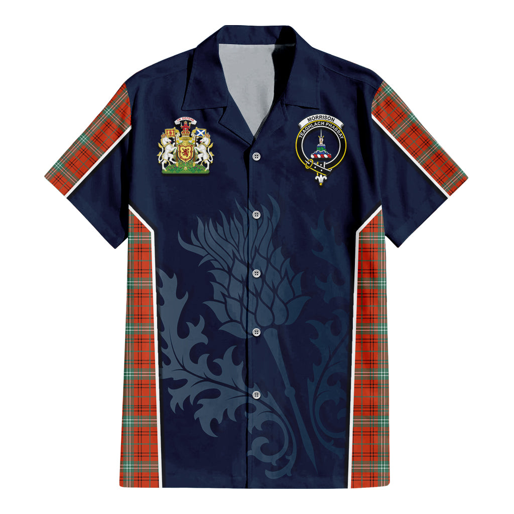 Tartan Vibes Clothing Morrison Red Ancient Tartan Short Sleeve Button Up Shirt with Family Crest and Scottish Thistle Vibes Sport Style