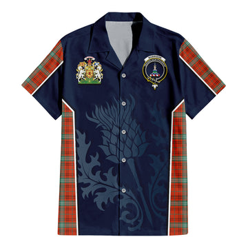 Morrison Red Ancient Tartan Short Sleeve Button Up Shirt with Family Crest and Scottish Thistle Vibes Sport Style