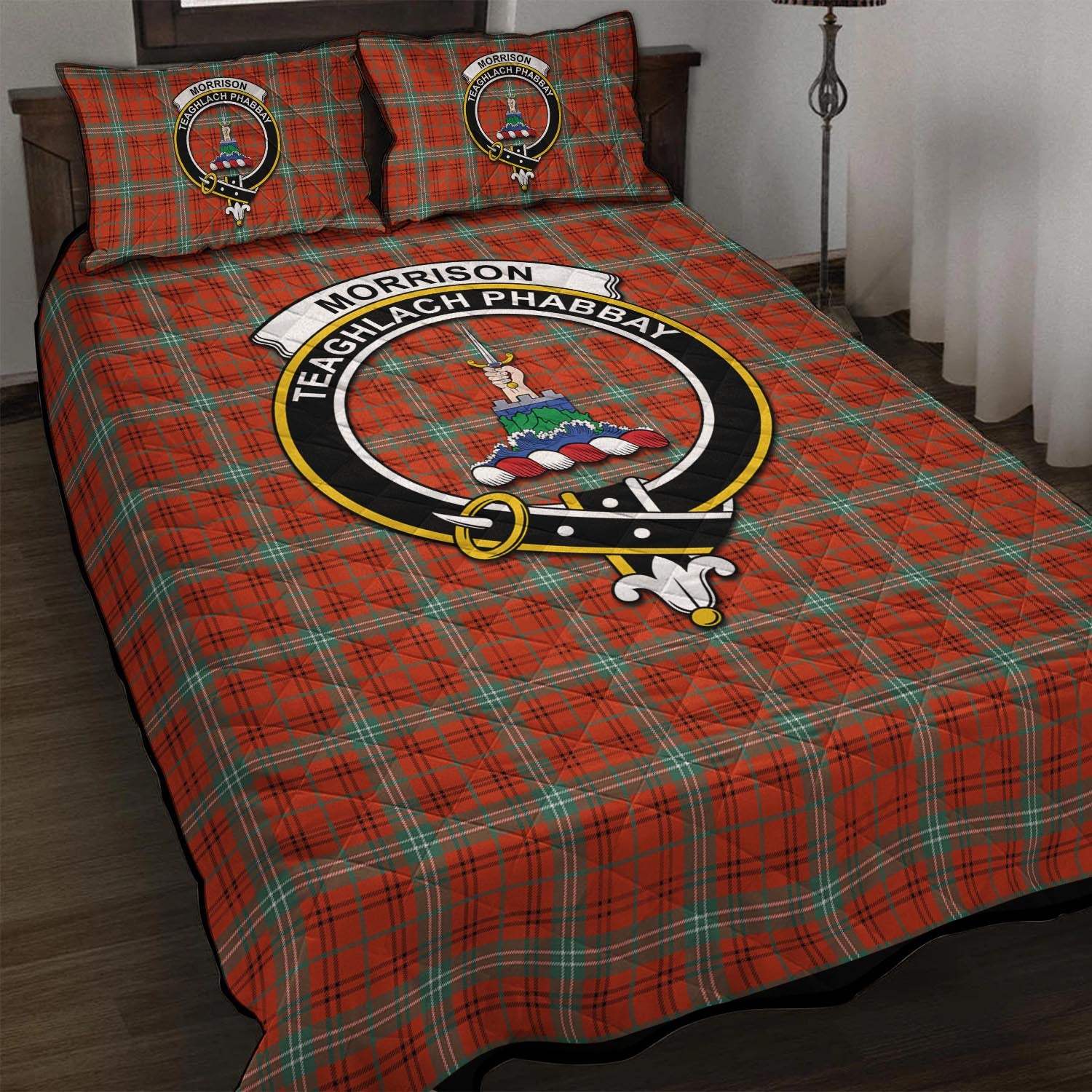 Morrison Red Ancient Tartan Quilt Bed Set with Family Crest - Tartan Vibes Clothing