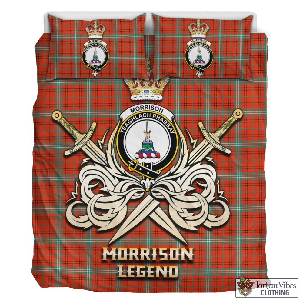 Tartan Vibes Clothing Morrison Red Ancient Tartan Bedding Set with Clan Crest and the Golden Sword of Courageous Legacy