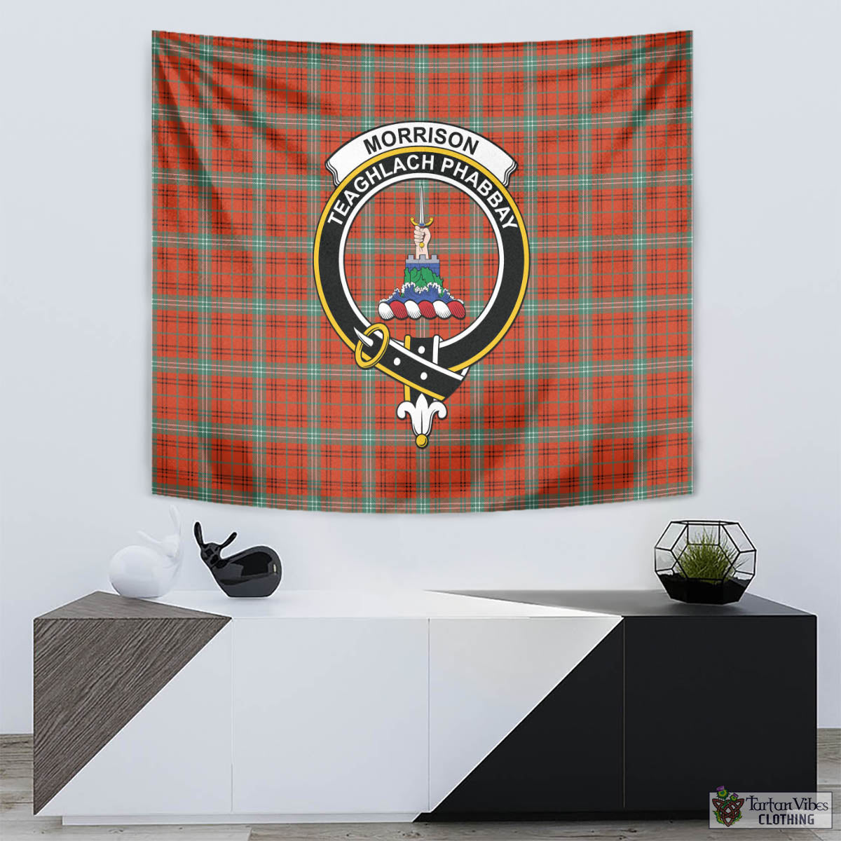 Tartan Vibes Clothing Morrison Red Ancient Tartan Tapestry Wall Hanging and Home Decor for Room with Family Crest