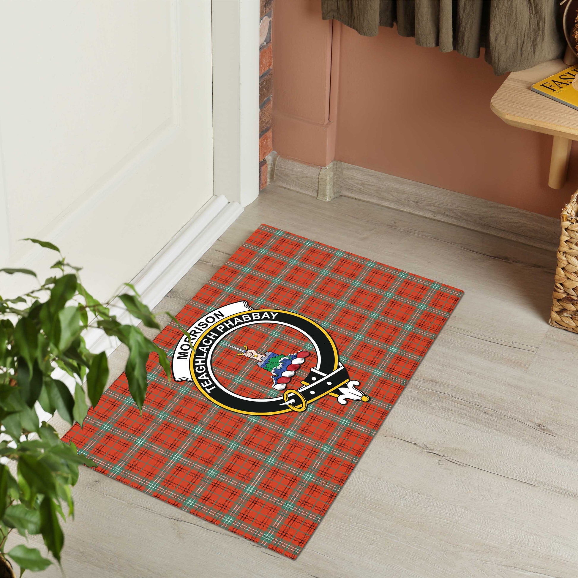 Morrison Red Ancient Tartan Door Mat with Family Crest - Tartanvibesclothing