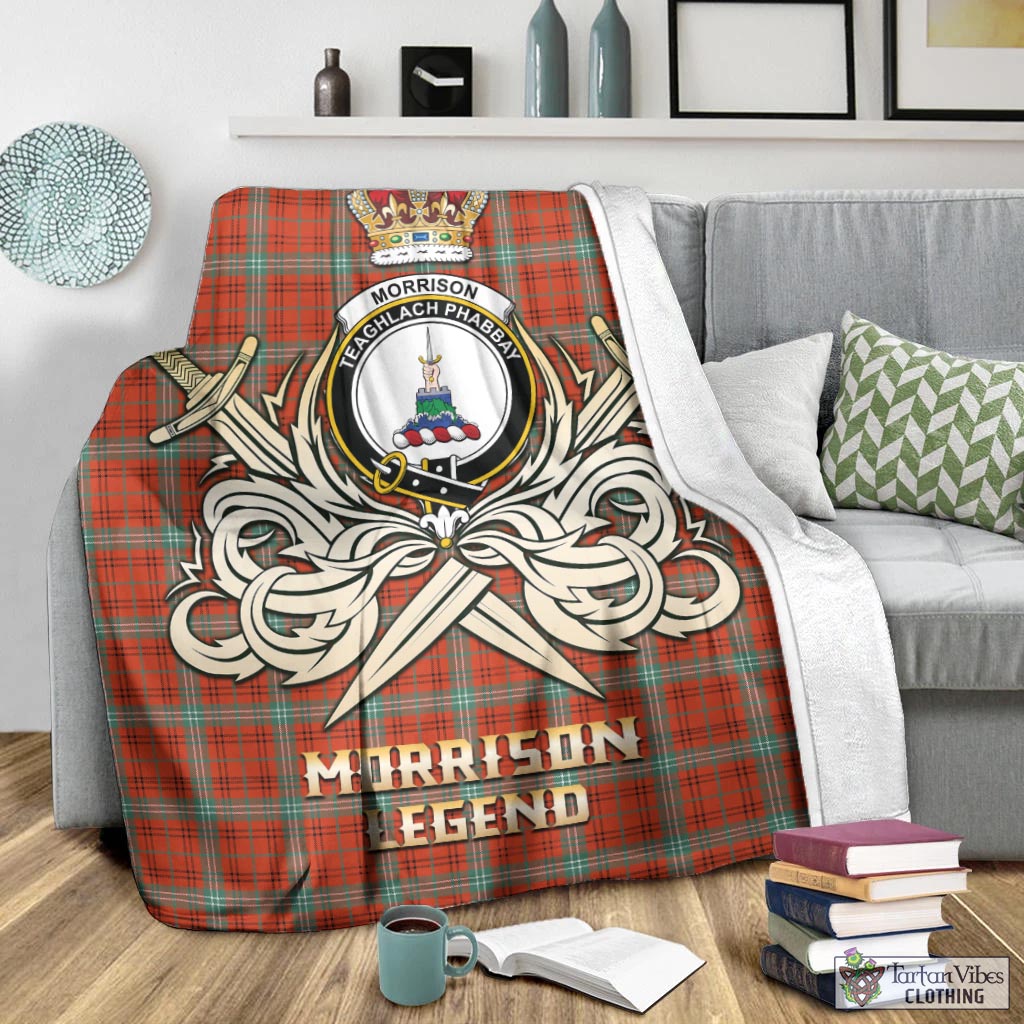 Tartan Vibes Clothing Morrison Red Ancient Tartan Blanket with Clan Crest and the Golden Sword of Courageous Legacy