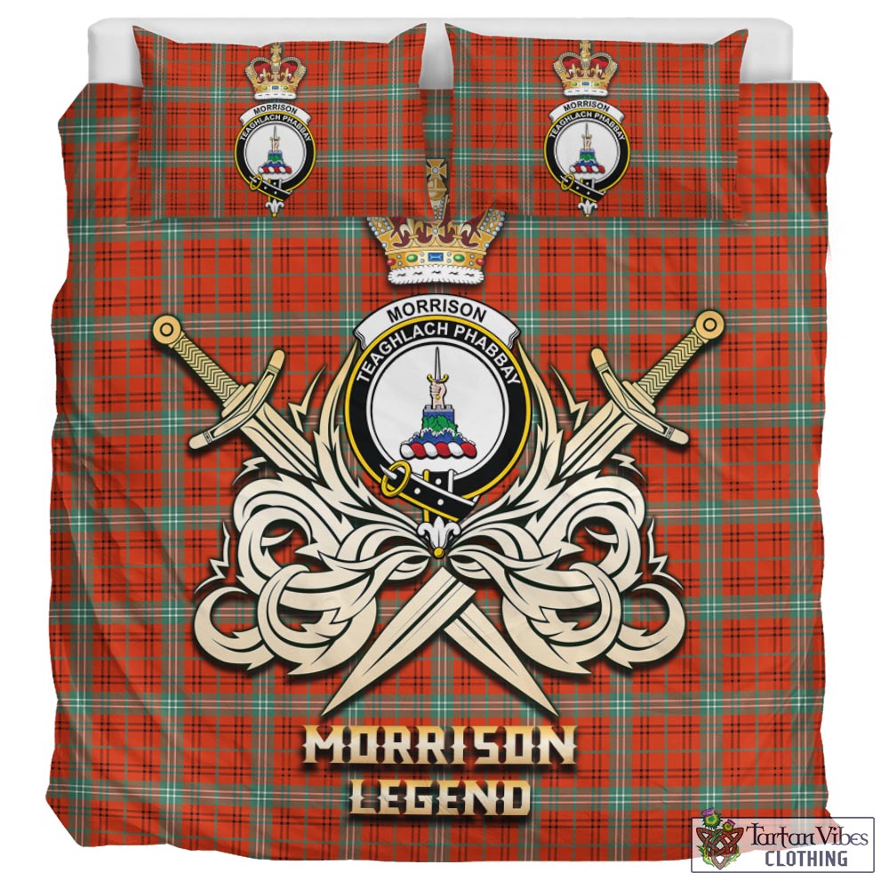 Tartan Vibes Clothing Morrison Red Ancient Tartan Bedding Set with Clan Crest and the Golden Sword of Courageous Legacy