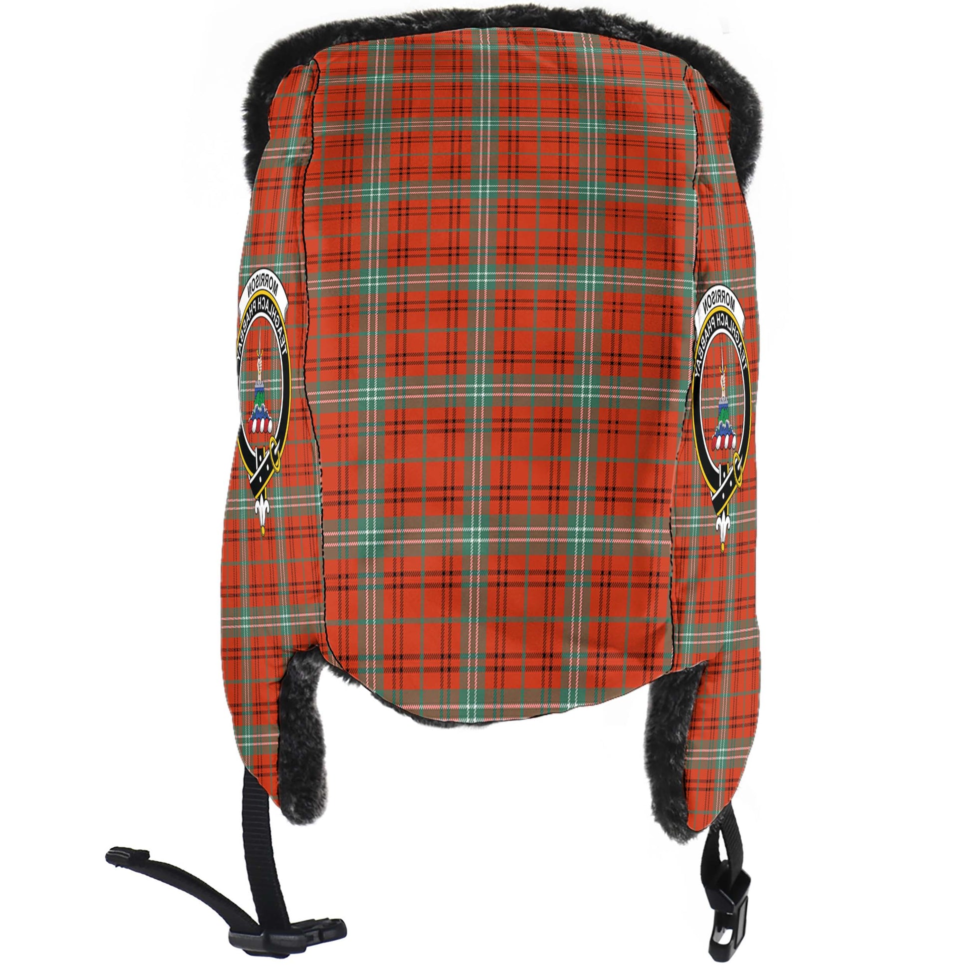 Morrison Red Ancient Tartan Winter Trapper Hat with Family Crest - Tartanvibesclothing