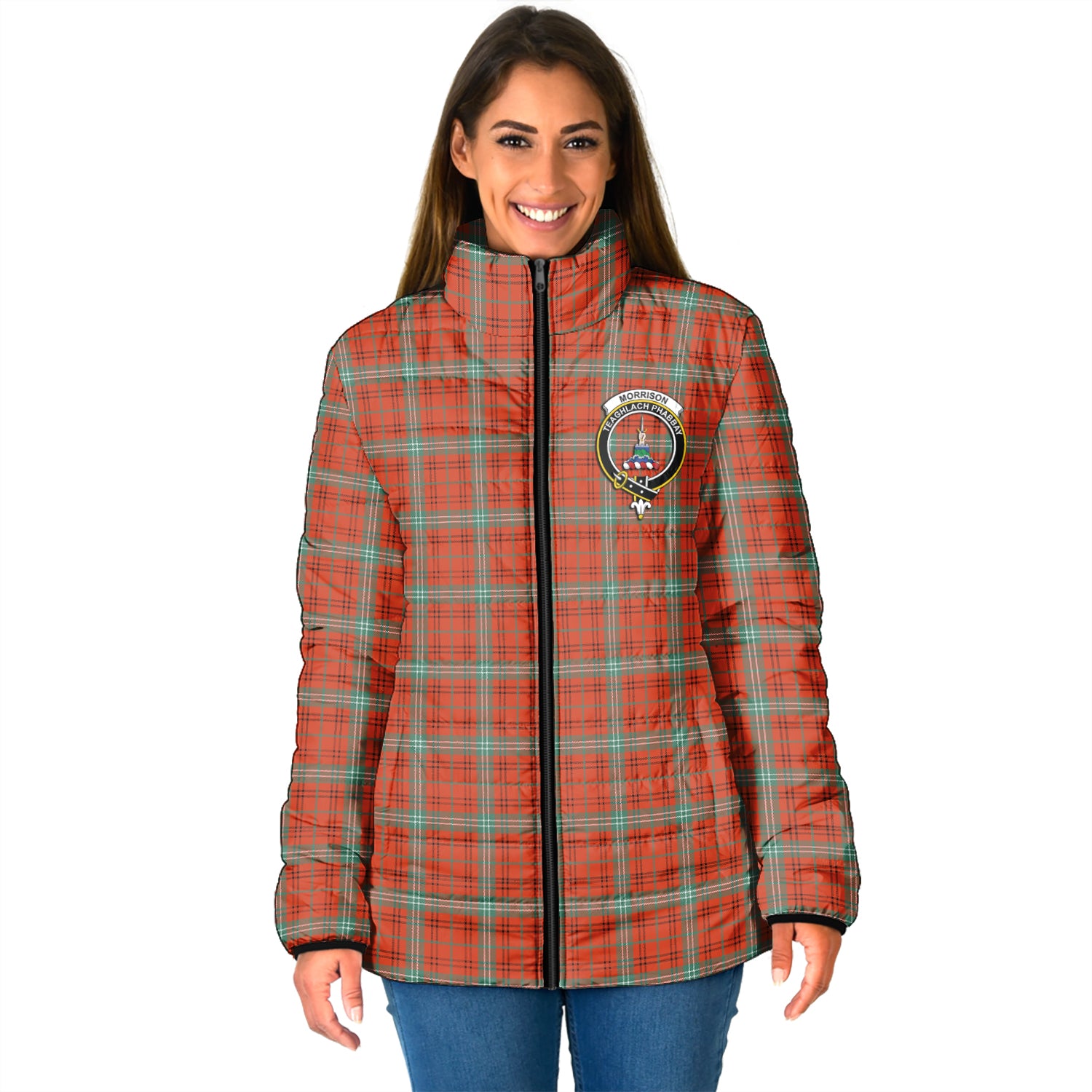 Morrison Red Ancient Tartan Padded Jacket with Family Crest - Tartan Vibes Clothing