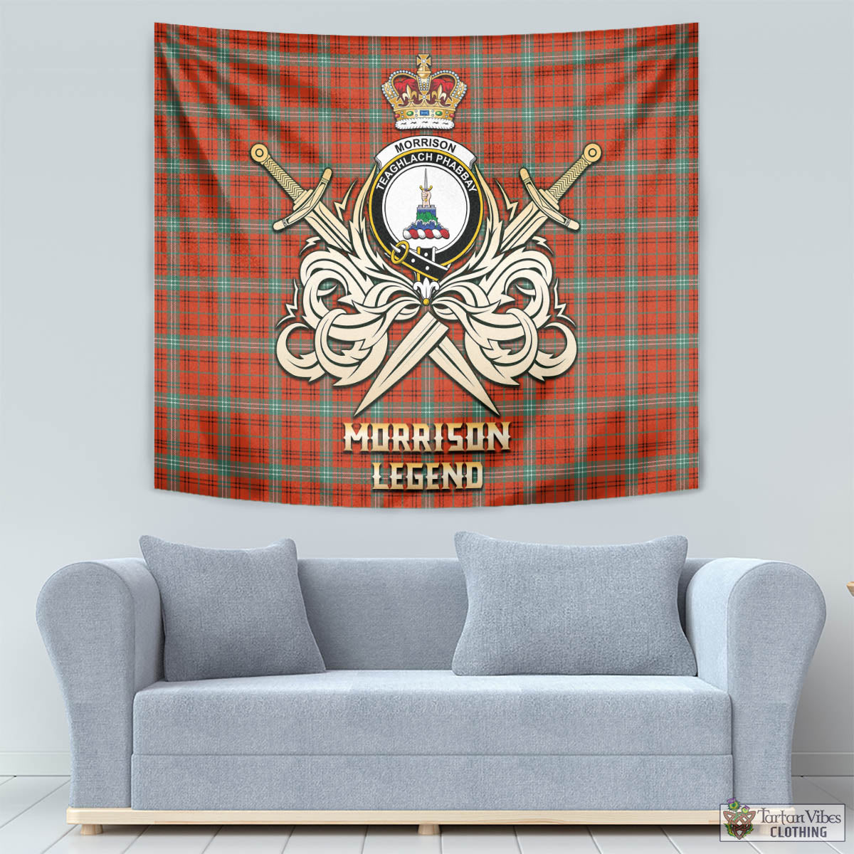 Tartan Vibes Clothing Morrison Red Ancient Tartan Tapestry with Clan Crest and the Golden Sword of Courageous Legacy