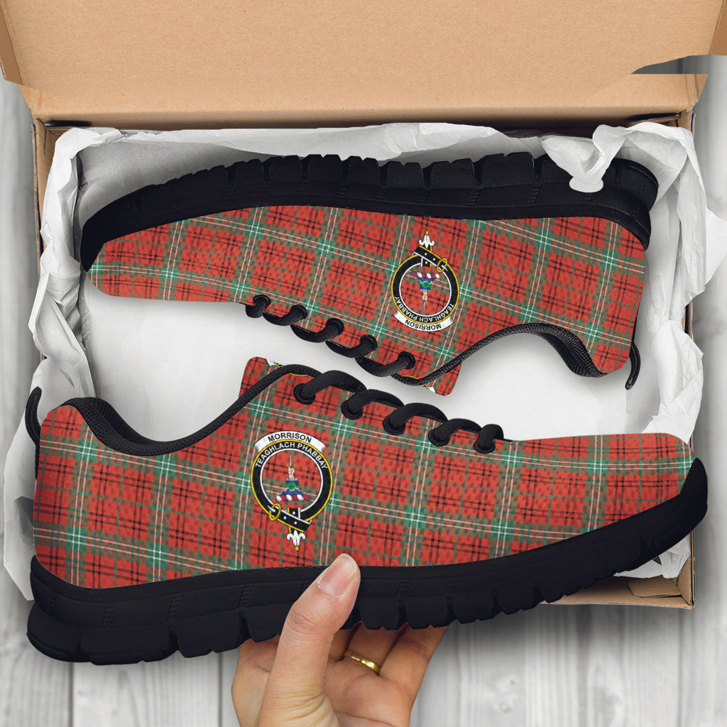 Morrison Red Ancient Tartan Sneakers with Family Crest - Tartan Vibes Clothing