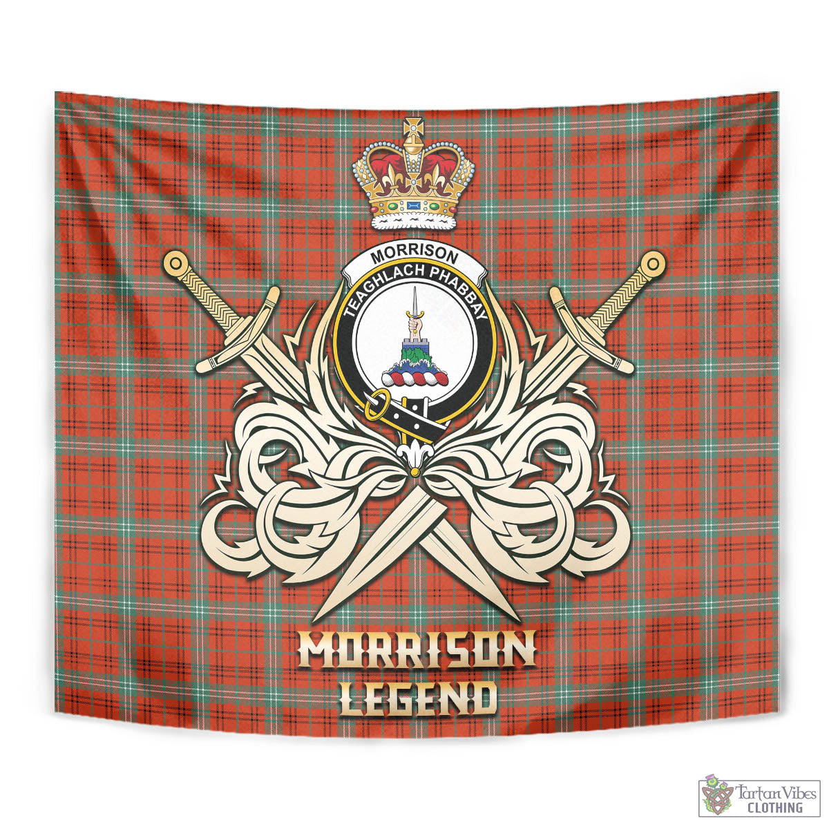 Tartan Vibes Clothing Morrison Red Ancient Tartan Tapestry with Clan Crest and the Golden Sword of Courageous Legacy