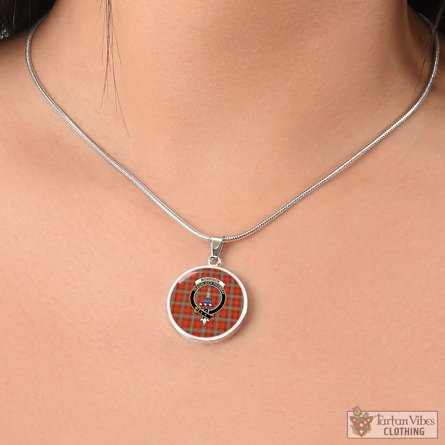 Tartan Vibes Clothing Morrison Red Ancient Tartan Circle Necklace with Family Crest