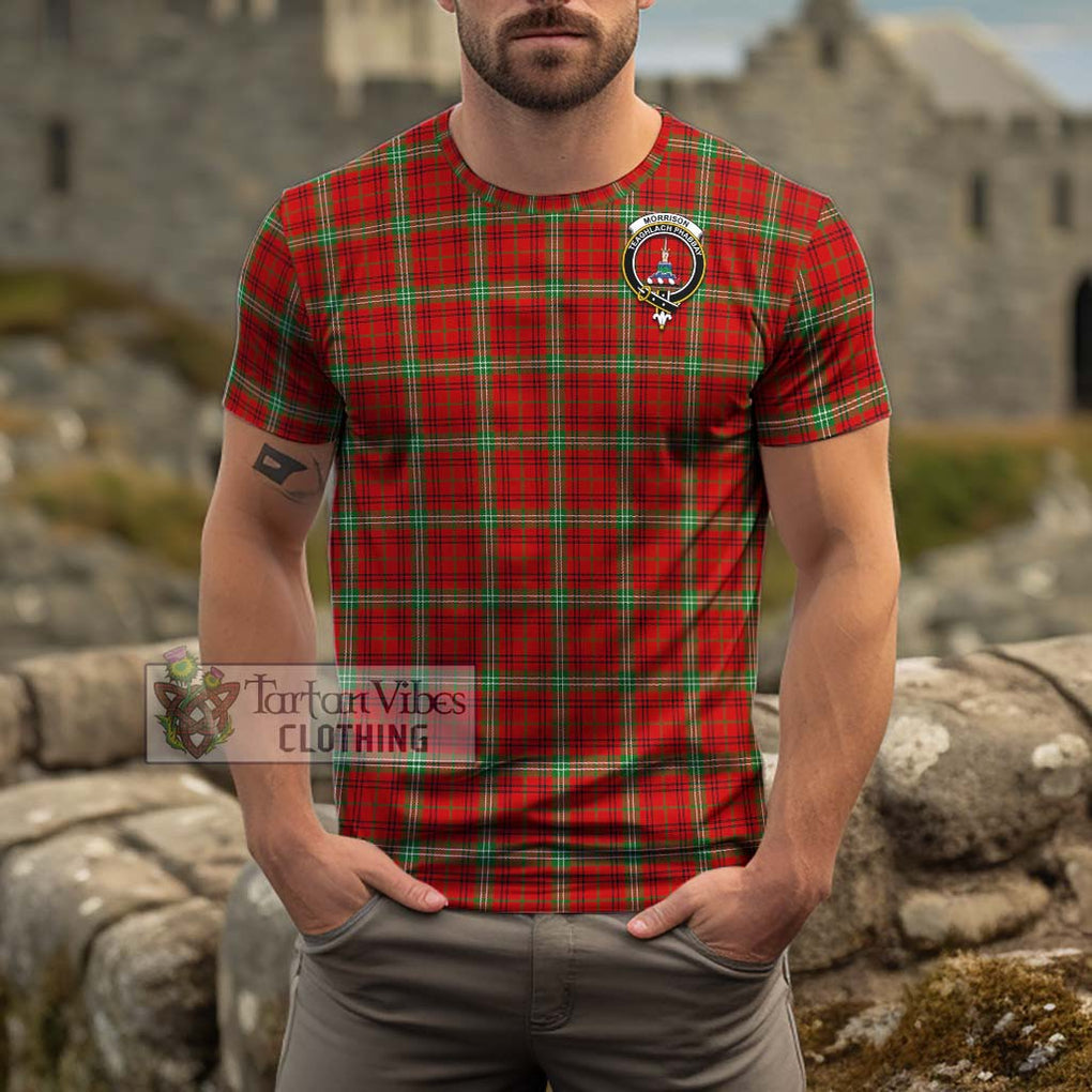 Morrison Red Modern Tartan Cotton T-Shirt with Family Crest Men's Shirt - Tartanvibesclothing Shop