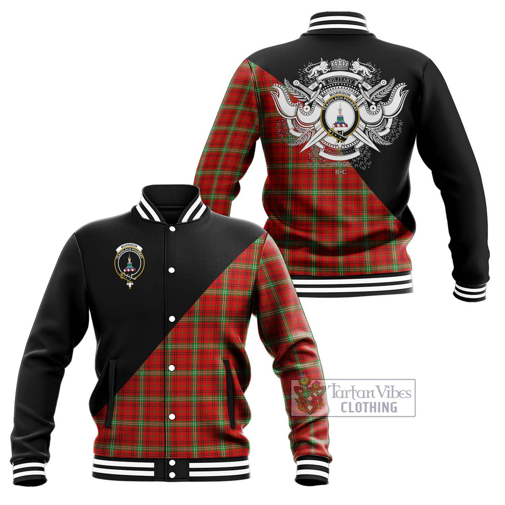 Morrison Red Modern Tartan Baseball Jacket with Family Crest and Military Logo Style Unisex - Tartanvibesclothing Shop