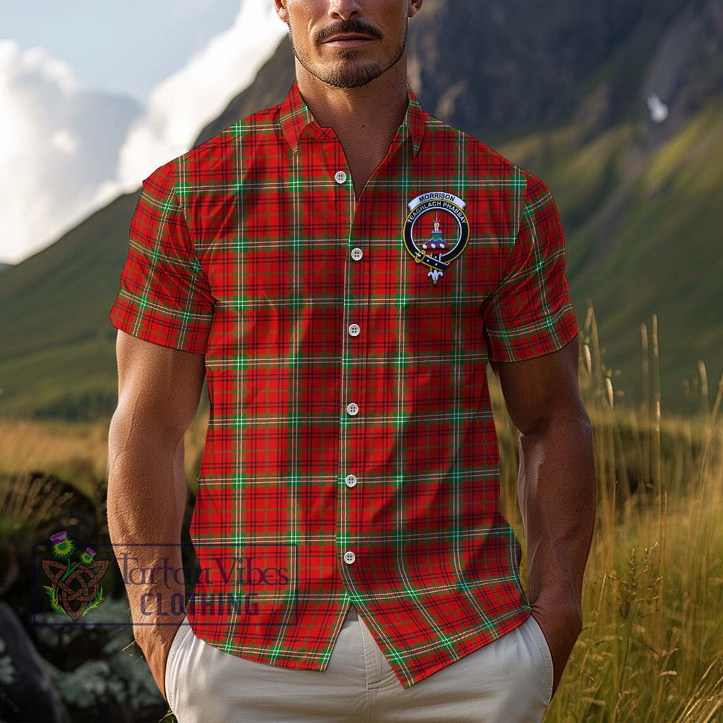 Morrison Red Modern Tartan Cotton Hawaiian Shirt with Family Crest Adult - Tartan Vibes Clothing