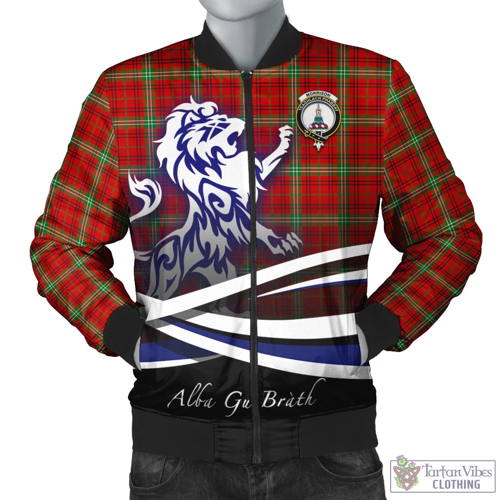 Tartan Vibes Clothing Morrison Red Modern Tartan Bomber Jacket with Alba Gu Brath Regal Lion Emblem