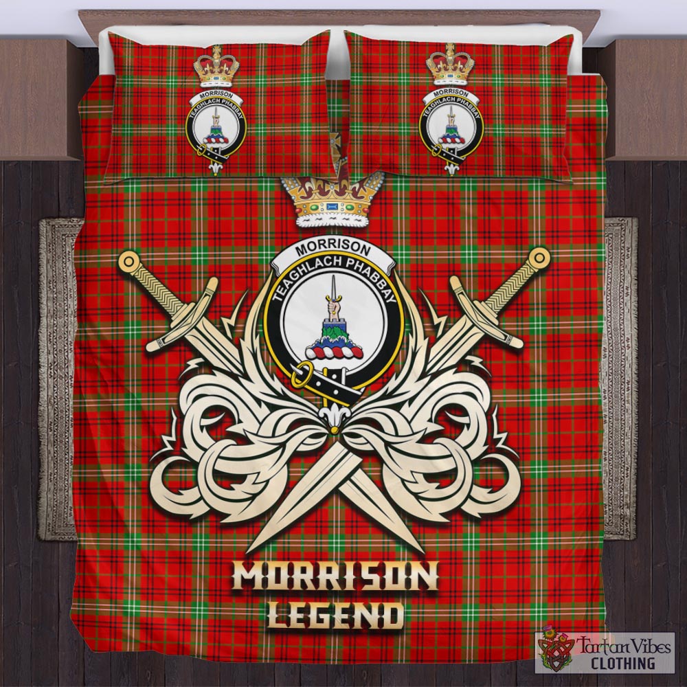 Tartan Vibes Clothing Morrison Red Modern Tartan Bedding Set with Clan Crest and the Golden Sword of Courageous Legacy