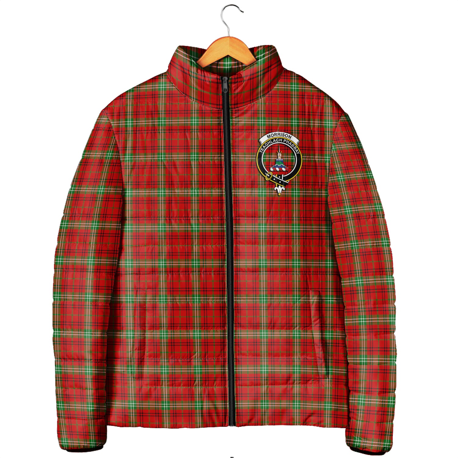 Morrison Red Modern Tartan Padded Jacket with Family Crest Men's Padded Jacket - Tartan Vibes Clothing