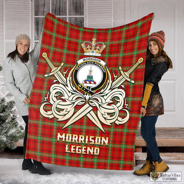 Morrison Red Modern Tartan Blanket with Clan Crest and the Golden Sword of Courageous Legacy