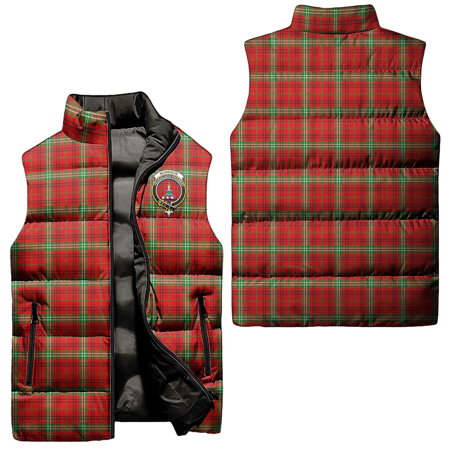 Morrison Red Modern Tartan Sleeveless Puffer Jacket with Family Crest Unisex - Tartanvibesclothing