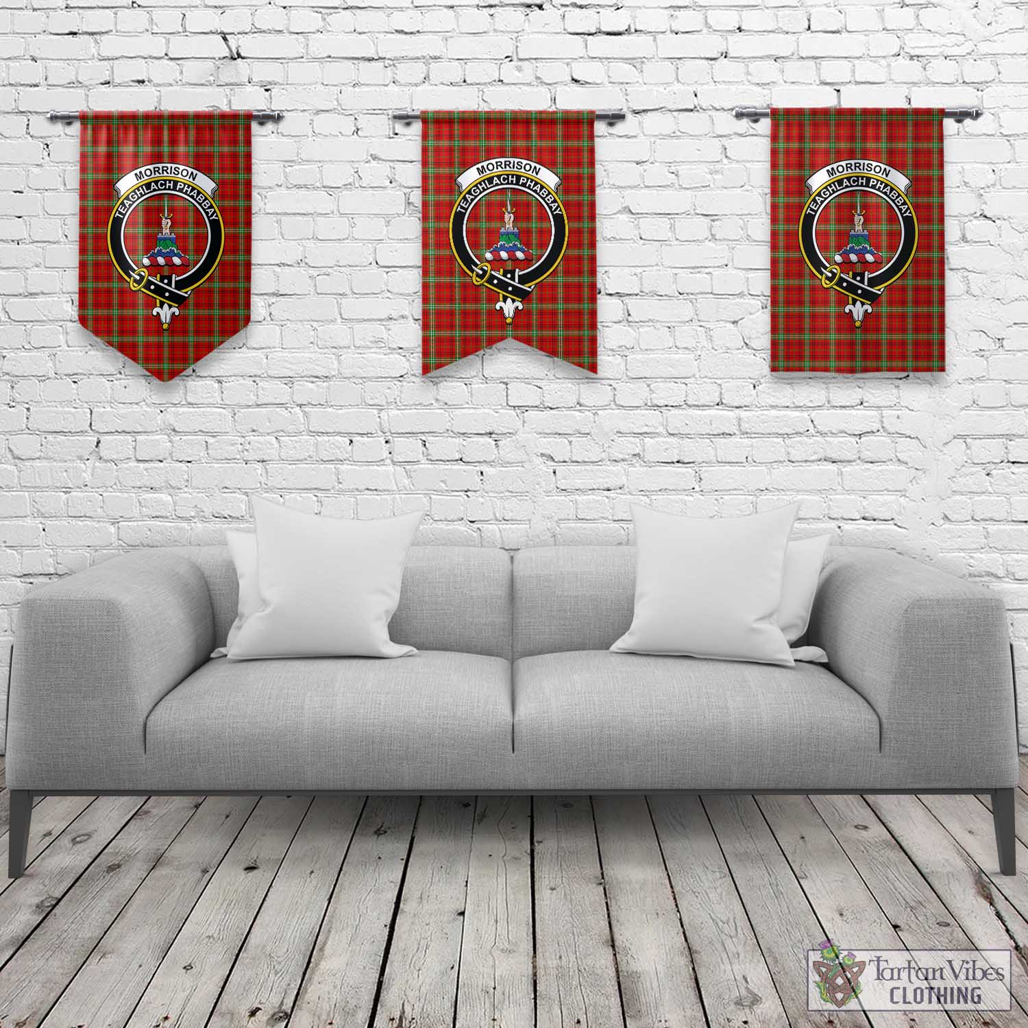 Tartan Vibes Clothing Morrison Red Modern Tartan Gonfalon, Tartan Banner with Family Crest