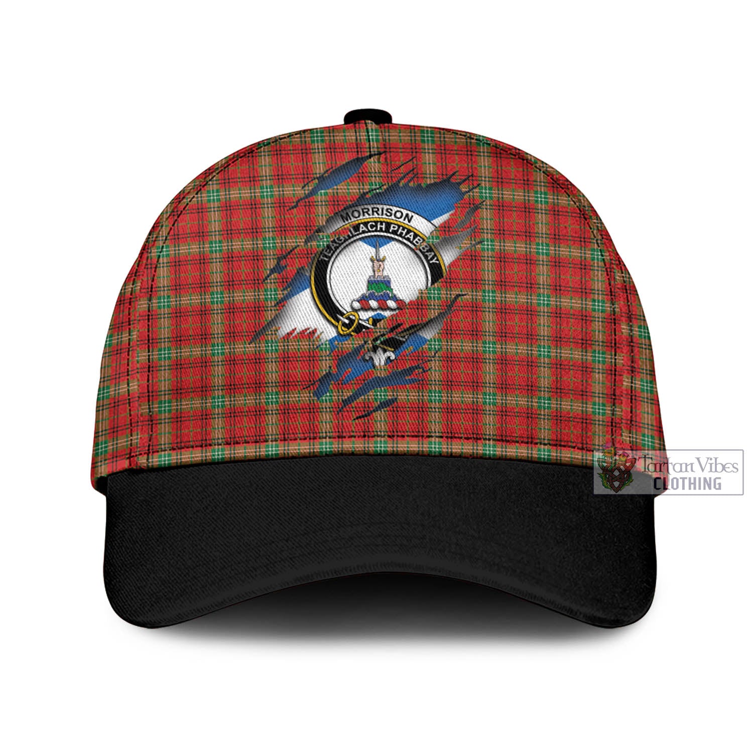 Tartan Vibes Clothing Morrison Red Modern Tartan Classic Cap with Family Crest In Me Style