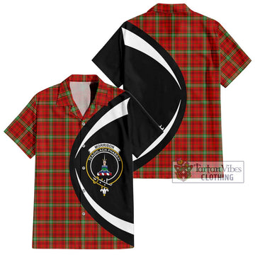 Morrison Red Modern Tartan Short Sleeve Button Up with Family Crest Circle Style