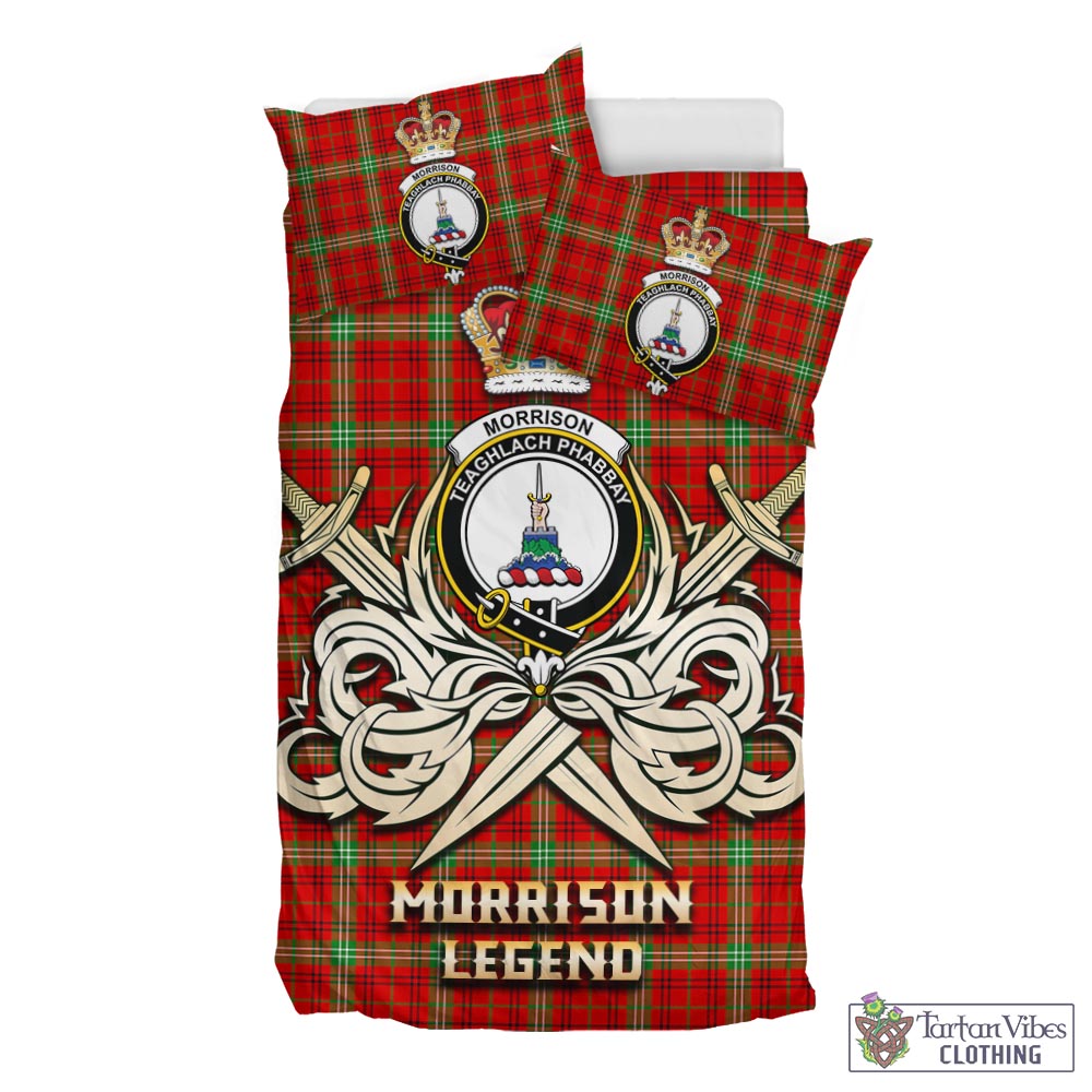 Tartan Vibes Clothing Morrison Red Modern Tartan Bedding Set with Clan Crest and the Golden Sword of Courageous Legacy