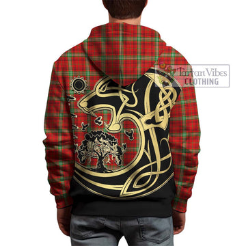 Morrison Red Modern Tartan Hoodie with Family Crest Celtic Wolf Style