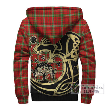 Morrison Red Modern Tartan Sherpa Hoodie with Family Crest Celtic Wolf Style