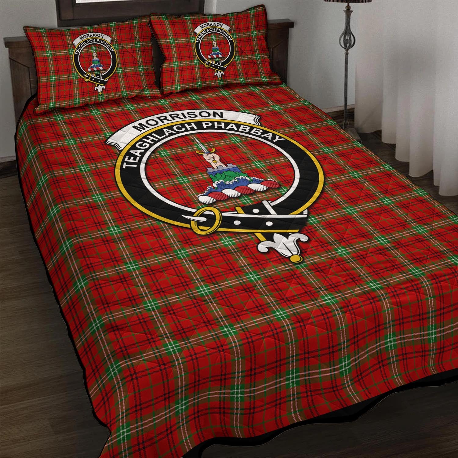 Morrison Red Modern Tartan Quilt Bed Set with Family Crest - Tartan Vibes Clothing