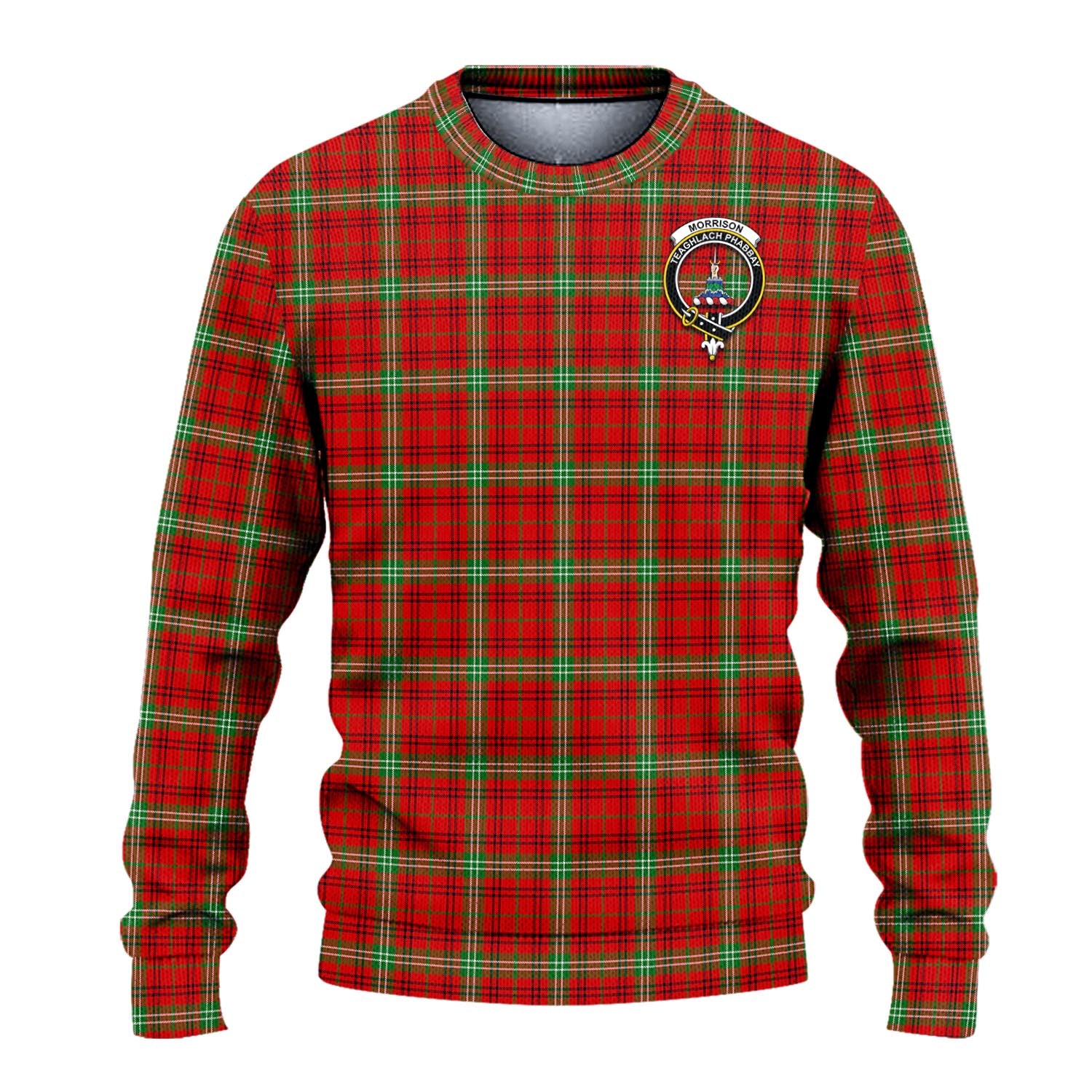 Morrison Red Modern Tartan Knitted Sweater with Family Crest - Tartanvibesclothing