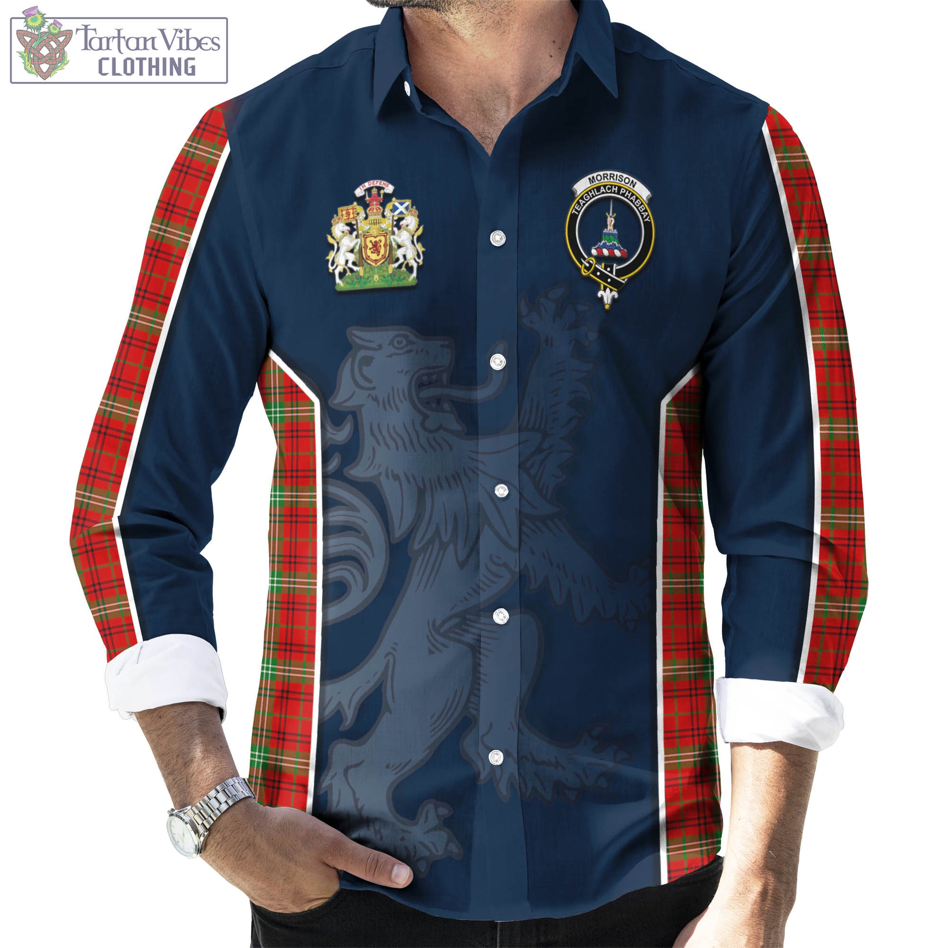 Tartan Vibes Clothing Morrison Red Modern Tartan Long Sleeve Button Up Shirt with Family Crest and Lion Rampant Vibes Sport Style